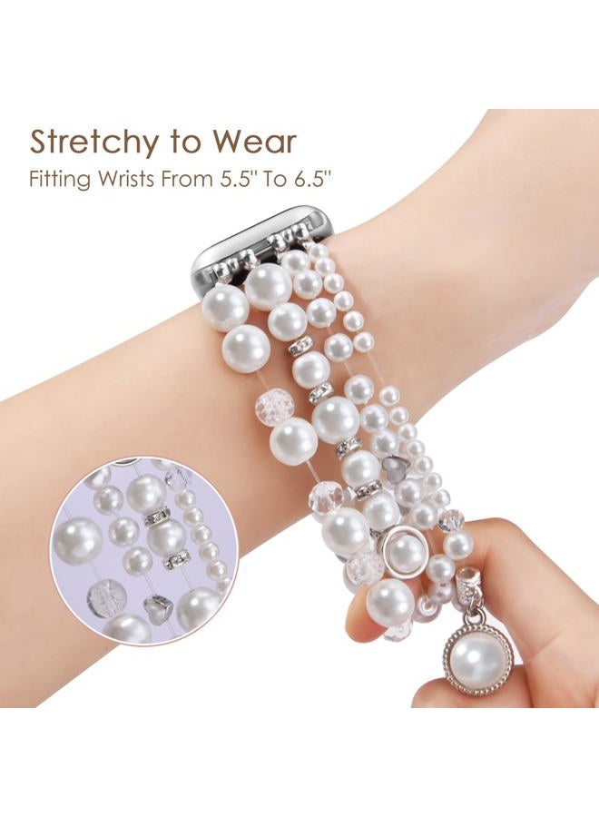 V-MORO Compatible with Apple Watch Band Pearl Series 9/8/7 41mm/40mm Women Fancy Handmade Beaded Elastic Bracelet Bling Jewelry Stretch Strap for iwatch SE Series 6/5/4/3/2/1,Fit for 5.3"-6.2" wrist - Image 2