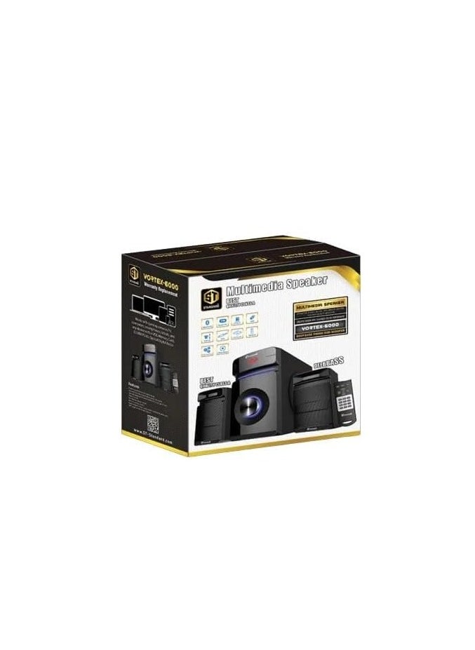 نظام مكبر صوت متعدد الوسائط - 60 واط إجمالي الناتج، مضخم صوت عميق، بلوتوث، FM، USB، SD، AUX، مدخل بصري، جهاز تحكم عن بعد VORTEX-6000 - أسود