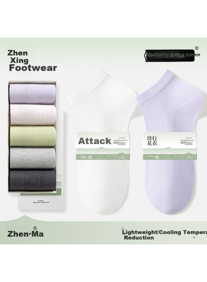 Zjzue Women's Socks, Spring And Summer Thin Mesh Mulberry Silk Linen, White + Pink + Wood Green + Light Gray + Dark Gray, 5 Pairs, One Size Fits All - Image 1