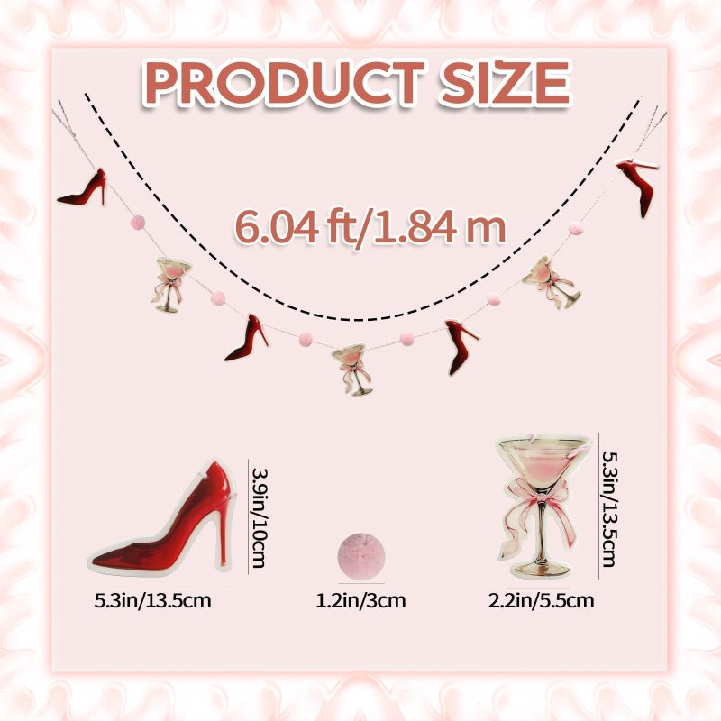 SYNCVIBE Galentines Decorations Garland, 6.1Ft Wooden Martini & High Heel Girls Party Banner with Felt Pom Pom Balls, Resin Coated Hanging Decor for Mantel Wall Bachelorette Party Bridal Shower Decorations - Image 3