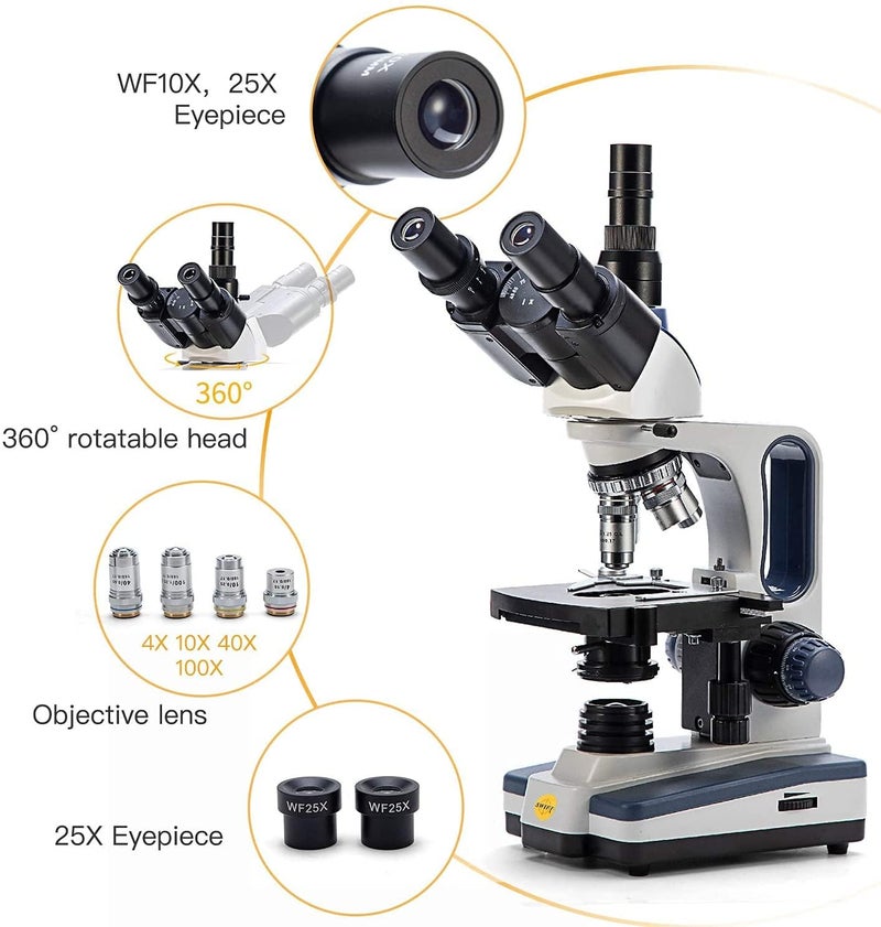 Swift SW350T Compound Trinocular Microscope,40X-2500X Magnification,Two-Layer Mechanical Stage,with 5.0 mp Camera and Software Windows/Mac Compatible and 5 PCS Prepared Slides and 5 PCS Blank Slides - Image 2