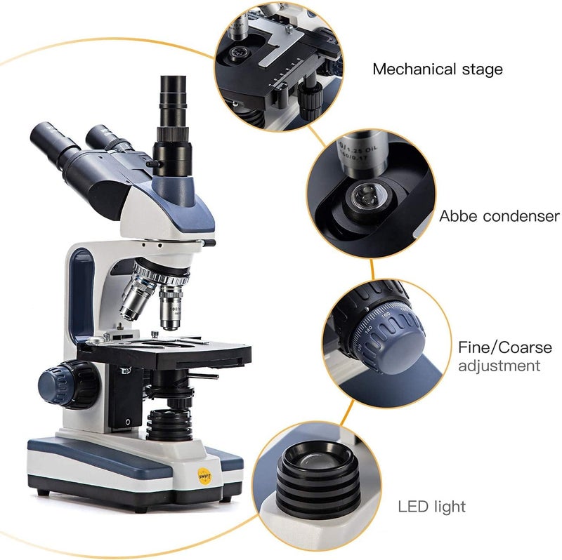 Swift SW350T Compound Trinocular Microscope,40X-2500X Magnification,Two-Layer Mechanical Stage,with 5.0 mp Camera and Software Windows/Mac Compatible and 5 PCS Prepared Slides and 5 PCS Blank Slides - Image 3
