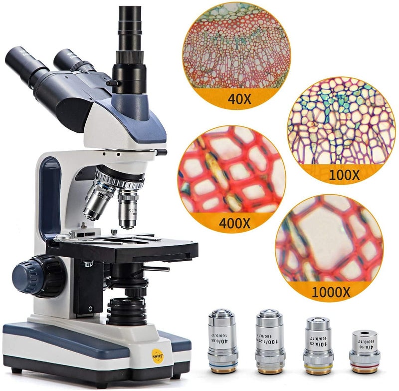 Swift SW350T Compound Trinocular Microscope,40X-2500X Magnification,Two-Layer Mechanical Stage,with 5.0 mp Camera and Software Windows/Mac Compatible and 5 PCS Prepared Slides and 5 PCS Blank Slides - Image 5