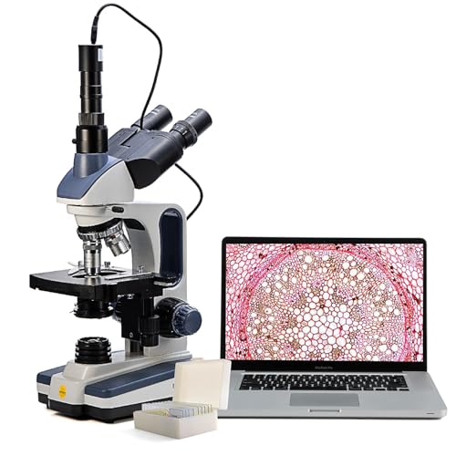 Swift SW350T Compound Trinocular Microscope,40X-2500X Magnification,Two-Layer Mechanical Stage,with 5.0 mp Camera and Software Windows/Mac Compatible and 5 PCS Prepared Slides and 5 PCS Blank Slides - Image 1