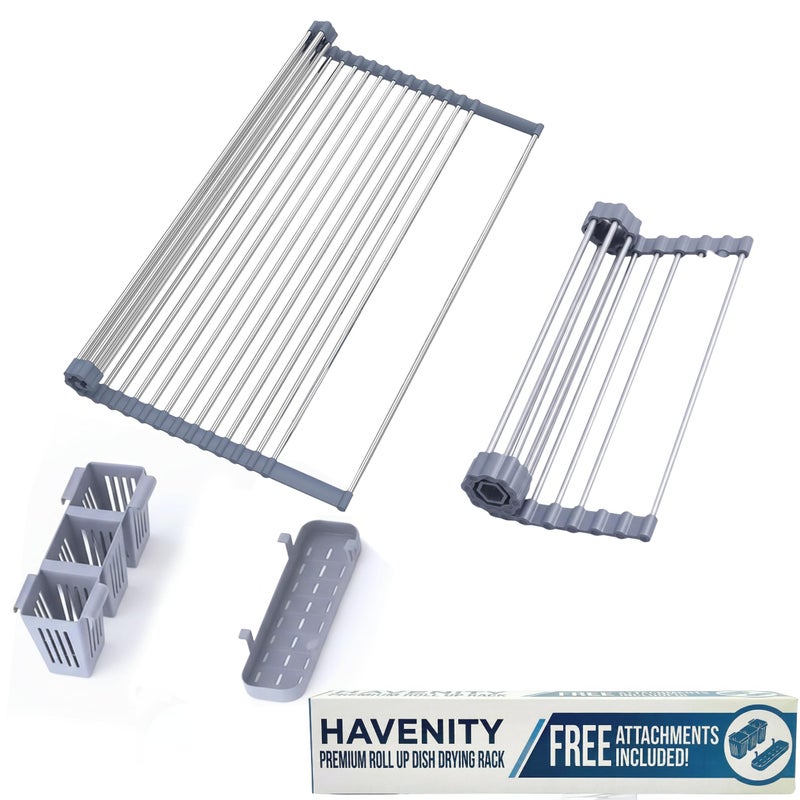 HAVENITY Expandable Roll Up Dish Drying Rack, Stainless Steel Over the Sink Dish Drainer Drying Rack, Foldable Dish Drainers for kitchen Counter with 2 Removeable Baskets, Sink Drying Rack for Kitchen - Image 1
