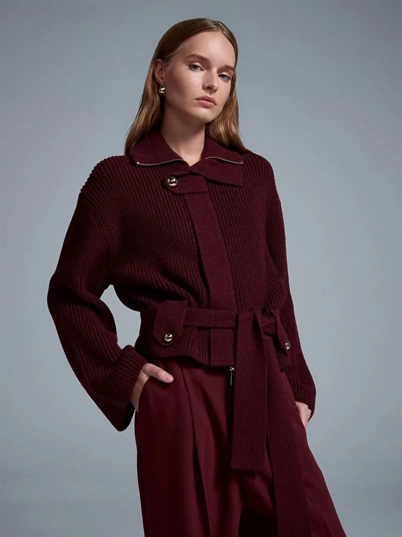 ديلفين Dilvin Long Ribbed Belted Cardigan