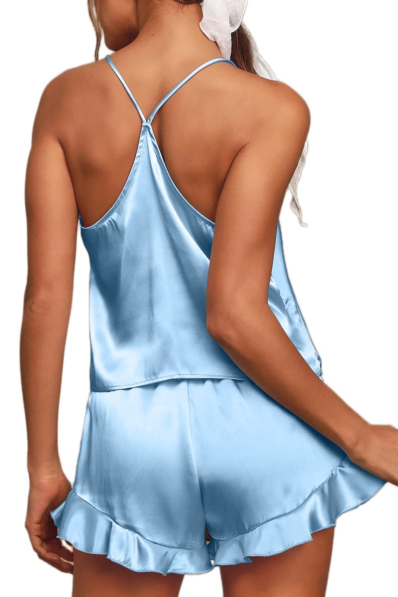 CHYRII بيجامات ساتان نسائية من CHYRII - tops كامي بظهر متسابق وشورتات - طقم بيجامة ليلية - أزرق S - Image 2