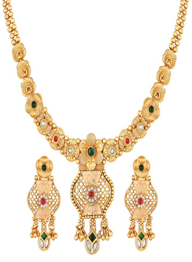 Mahi Floral Kundan Meenakari Work Enamelled Traditional Bridal & Festive Indian Necklace Set for Women (NL1108120GMul) - Image 1
