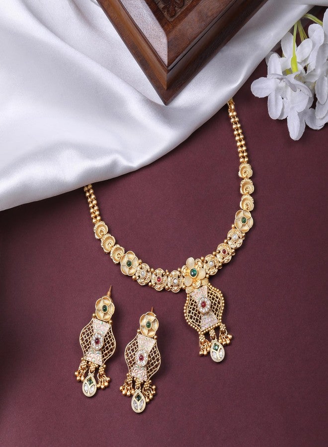 Mahi Floral Kundan Meenakari Work Enamelled Traditional Bridal & Festive Indian Necklace Set for Women (NL1108120GMul) - Image 2