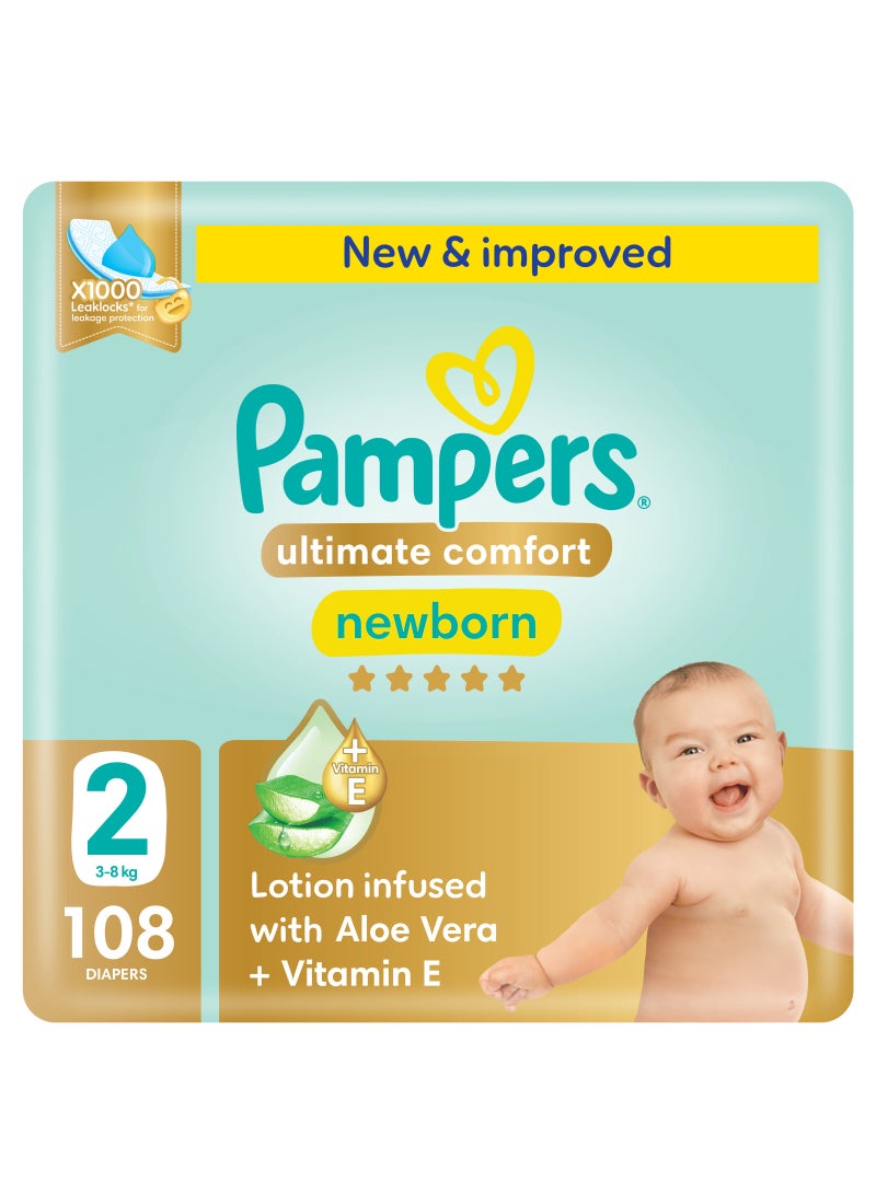 Ultimate Comfort Newborn Size 2 Taped Diapers 3-8 Kg Softest Absorption For Ultimate Skin Protection 108 Count