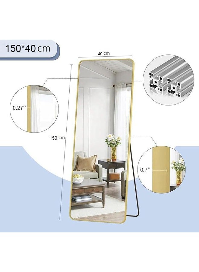 ميكسد مرايا طويلة 150 × 40 سم، مرايا أرضية بإطار من سبائك الألومنيوم، مرايا تزيين كبيرة لغرفة النوم، مرايا طويلة مع حامل لغرفة المعيشة وغرفة النوم، ذهبي - Image 3