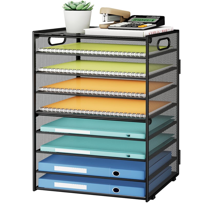 SUBEKYU 9 Tier Paper Organizer for Desk  Black Metal Mesh Letter Tray File Paper Sorter Organizer Include 6 Pcs Adjustable Height Slid Tray with Handles for Office School Home Organization Storage