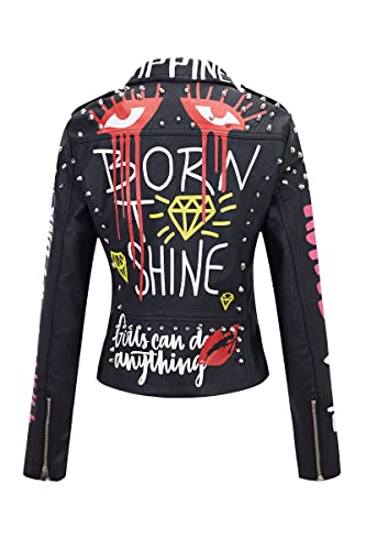RISISSIDA Studded Leather Jacket Women Moto Motorcycle Faux Leather Short Coat Black 0480 M - Image 3