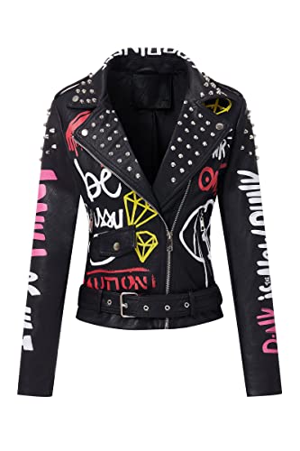 RISISSIDA Studded Leather Jacket Women Moto Motorcycle Faux Leather Short Coat Black 0480 M - Image 1