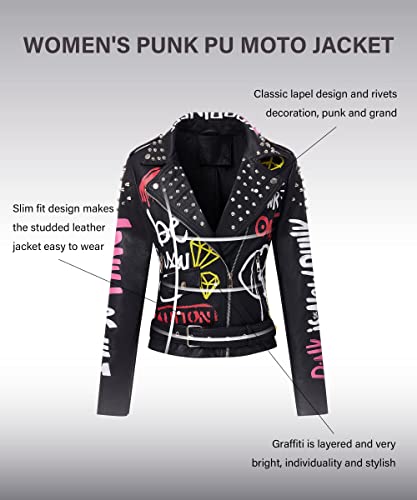 RISISSIDA Studded Leather Jacket Women Moto Motorcycle Faux Leather Short Coat Black 0480 M - Image 5
