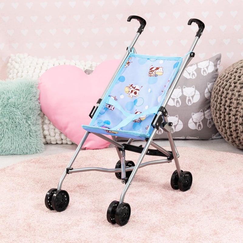 Bayer Design Dolls: Buggy Umbrella Stroller - Blue & Cows, Accessory for Dolls Up to 18", Foldable, Playful Design, Seat Belt, Kids Toy, Ages 3+ - Image 4