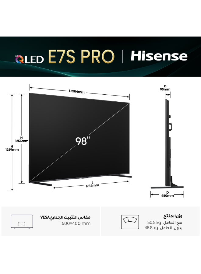 Hisense 98 Inch QLED Smart TV 98E7S PRO, 4K UHD, 144Hz Refresh Rate, Dolby Vision Atmos, Game Mode Pro, VIDAA U8.5, 8 Years OS Update 98E7S Pro Charcoal Grey - Image 2