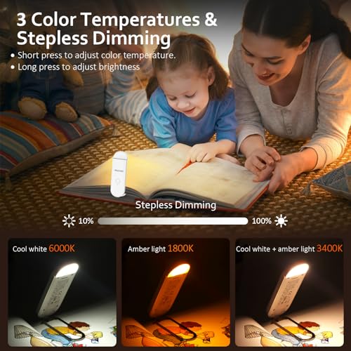 Akomid Book Light USB Rechargeable Clip on Reading Light, Eye-Cared Amber Light Mode Book Light for Reading in Bed Kids, 8 LEDs Bookmark Portable Stepless Dimming, White - Image 4