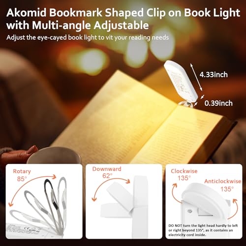 Akomid Book Light USB Rechargeable Clip on Reading Light, Eye-Cared Amber Light Mode Book Light for Reading in Bed Kids, 8 LEDs Bookmark Portable Stepless Dimming, White - Image 5