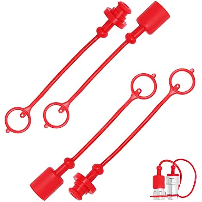 Unity 2sets 12 ISO 5675 Hydraulic Coupler Male Dust Cap and Female Plug CoverISO 5675 Hydraulic Quick Disconnects Port Plug Cover FittingsRed Cap with Retaining Ring Keeps Cap Connected to Hose - Image 1