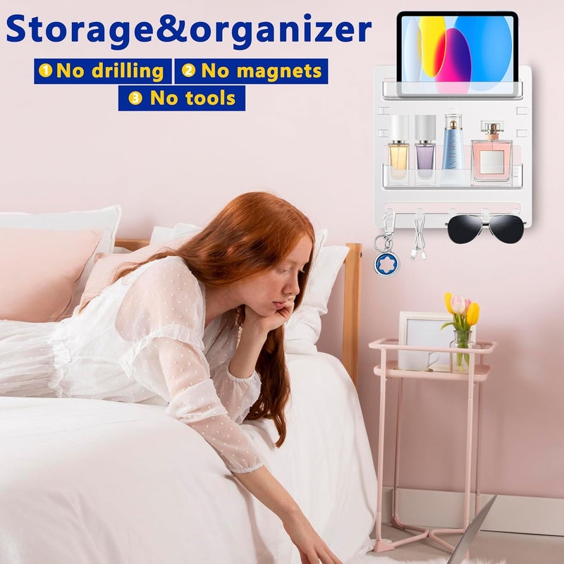 كاست ويف رف سرير مثبت على الحائط، منظم ملحقات رف سرير لاصق مع خطافات ومشابك كابلات، تخزين حائط بجانب السرير للسكن الجامعي للهاتف وجهاز التحكم عن بعد وسماعة الأذن وكيندل، بلاستيك (شفاف) - Image 3
