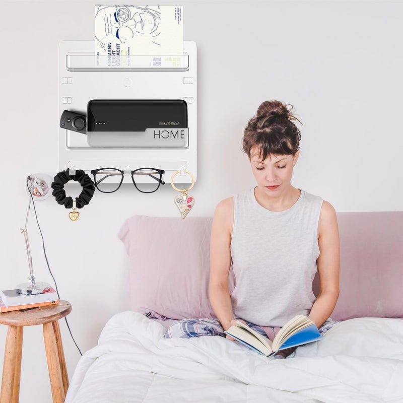 كاست ويف رف سرير مثبت على الحائط، منظم ملحقات رف سرير لاصق مع خطافات ومشابك كابلات، تخزين حائط بجانب السرير للسكن الجامعي للهاتف وجهاز التحكم عن بعد وسماعة الأذن وكيندل، بلاستيك (شفاف) - Image 2