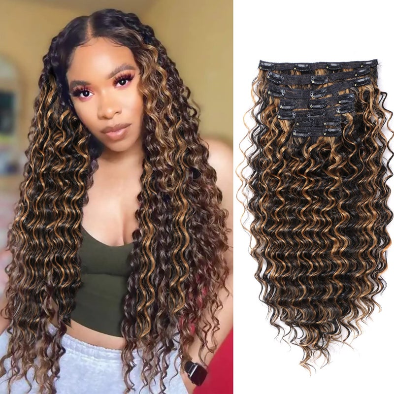 FASHION LINE Synthetic Curly Clip in Hair Extensions Double Weft Full Head Deep Wave Hair Pieces Heat Resistance Thick Ombre Two Tone Deep Wave Clip In 7 Pieces24 Deep Wave P1B2