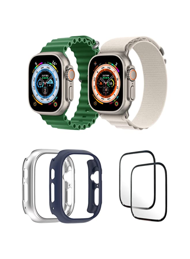 IAF Silicone Ocean Band Strap for iWatch Ultra 8 49mm,Nylon G-hook Loop Buckle Watch Strap, 49mm Green/White , Case Compatible with iWatch Ultra 49mm Silver/Blue ,2* pcs Watch glass Set of 6