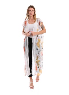 Sleeveless Chiffon Long Cardigan With Patterned Accent - Off White