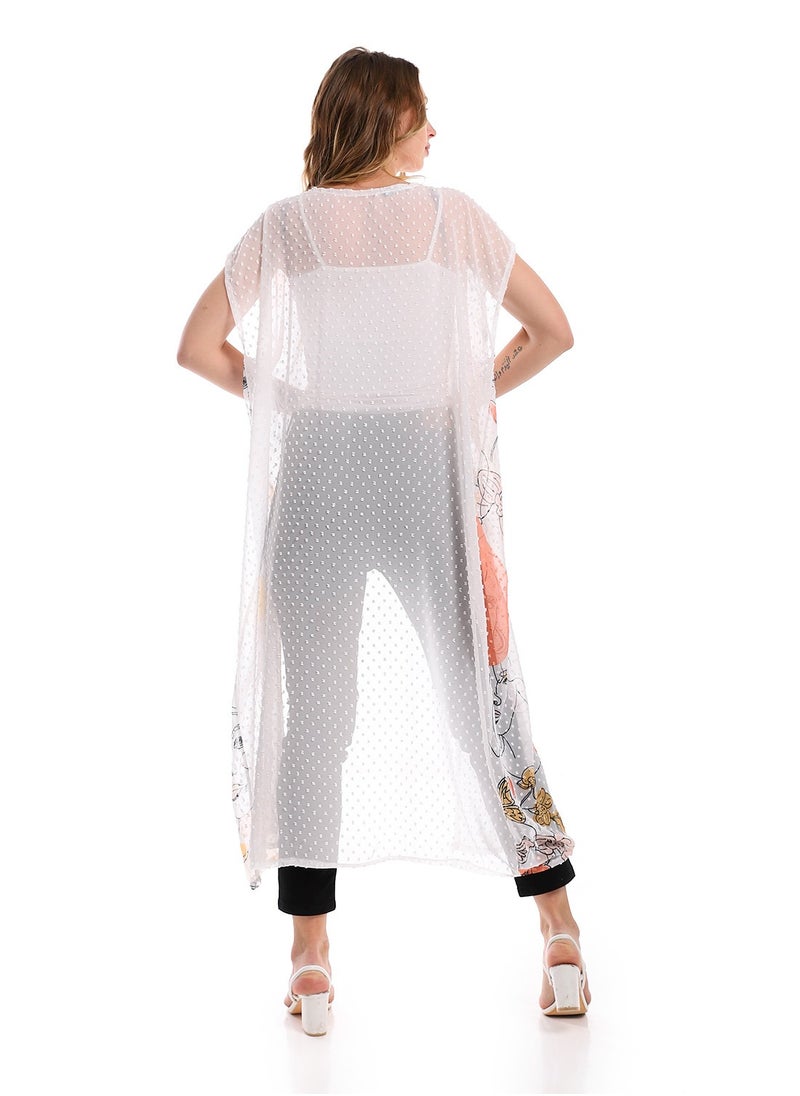 Andora - Sleeveless Chiffon Long Cardigan With Patterned Accent - Off White - Image 1