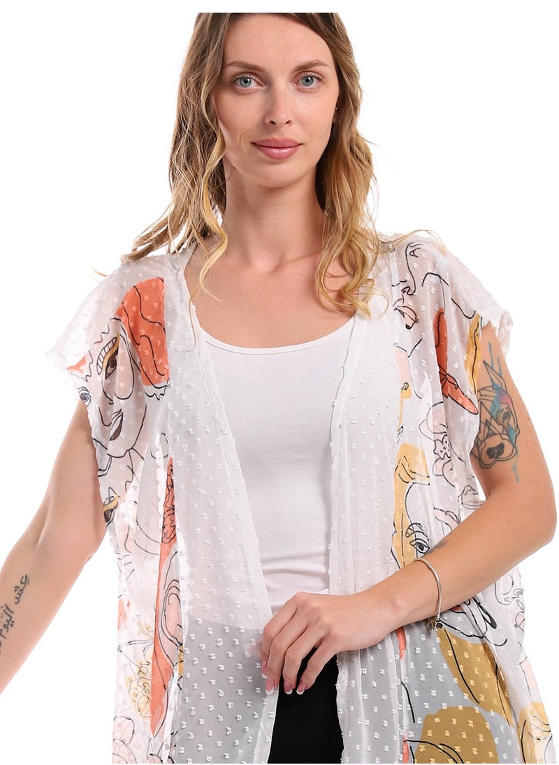 Andora - Sleeveless Chiffon Long Cardigan With Patterned Accent - Off White - Image 1