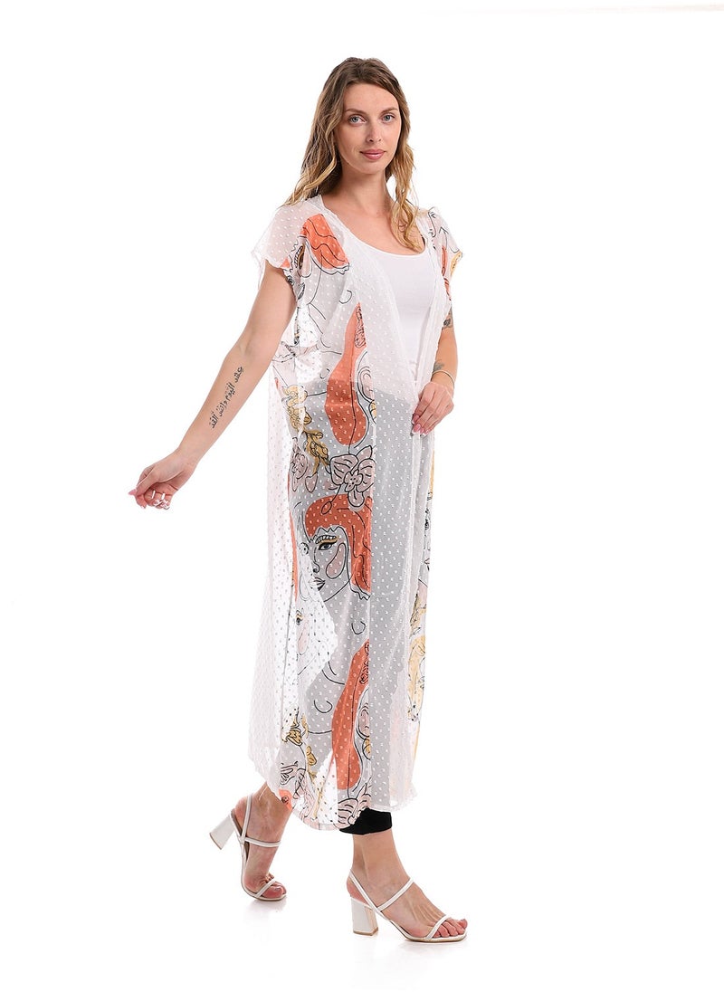 Andora - Sleeveless Chiffon Long Cardigan With Patterned Accent - Off White - Image 1