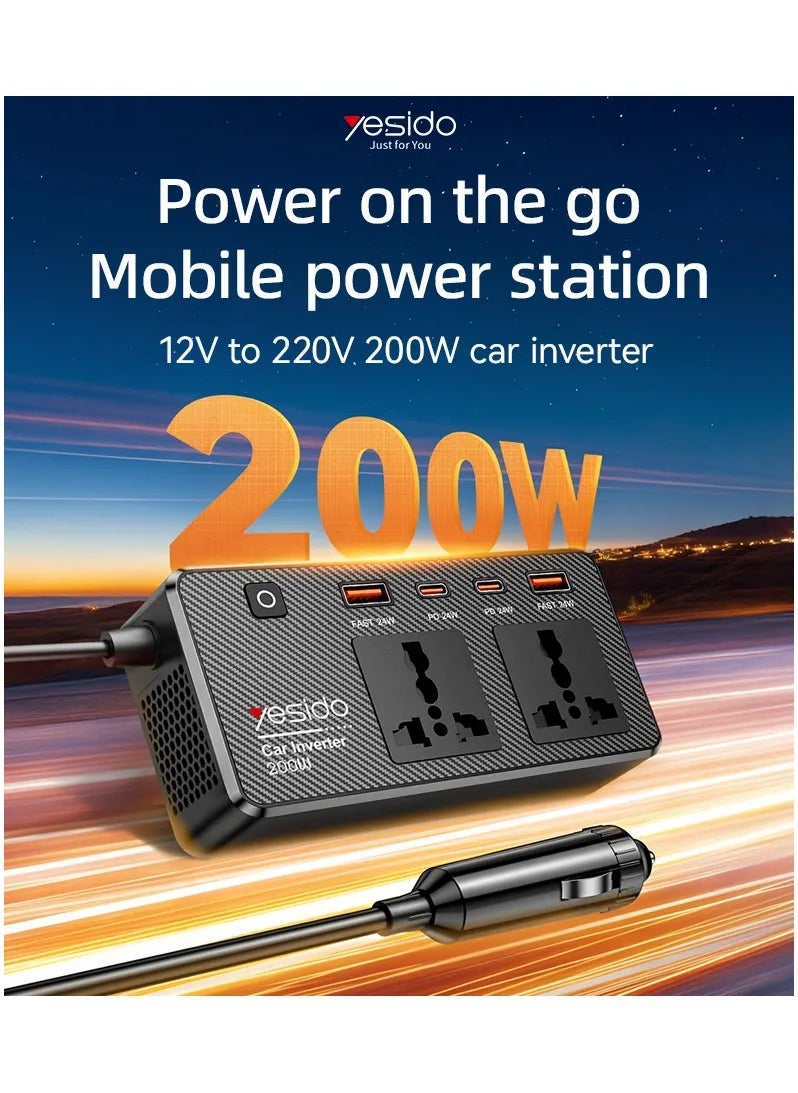Yesido Yesido 200V Incependent Switch Multiple Protections USB QC3.0 + Type-C PD Fast Charging 200W Car Inverter  - Image 3