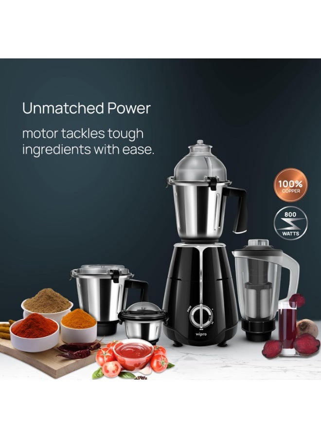 ويبرو Wipro Elato FMG209 800 Watt Mixer Grinder with 4 Jars,Heavy Duty 100% Copper Ball Bearing Motor with 5 Year Warranty,Superfast Grinding,Clip Lids - Hands Free use, 4 Jars Mixer Grinder 800 Watt,Black - Image 2