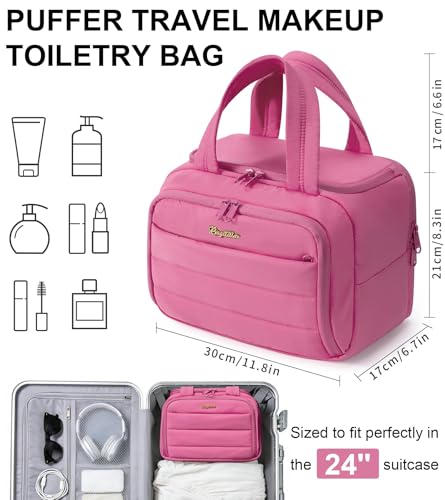 Bagstellar Travel Toiletry Bag for Women, Lightweight Large Quilted Puffy Makeup Bag Wide-open Make up Organizer Cloud Cosmetic Bag w/Handle for Traveling, Toiletries Essentials Accessories Rose Pink - Image 2