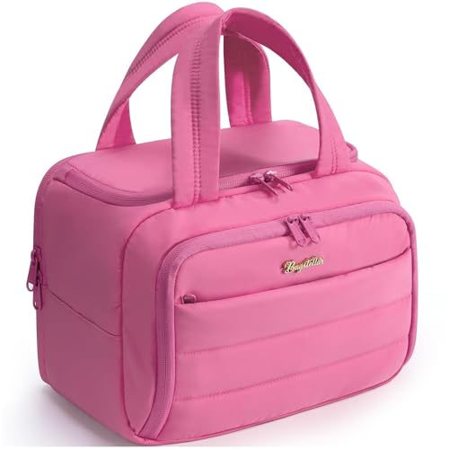 Bagstellar Travel Toiletry Bag for Women, Lightweight Large Quilted Puffy Makeup Bag Wide-open Make up Organizer Cloud Cosmetic Bag w/Handle for Traveling, Toiletries Essentials Accessories Rose Pink - Image 1