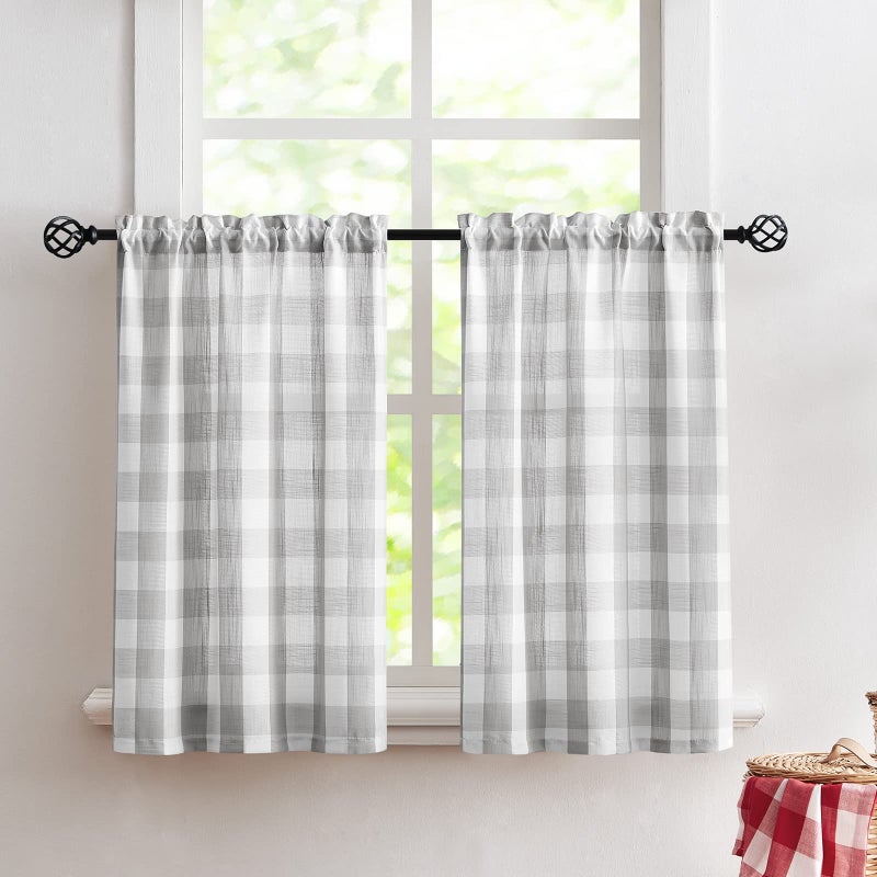 Treatmentex GreyWhite Check Kitchen Tier Curtains  24 inch Length Short Semi Sheer Cafe Curtains for Basement Laundry Room Bathroom Windows  27w x 24l  2 Panels Rod Pocket