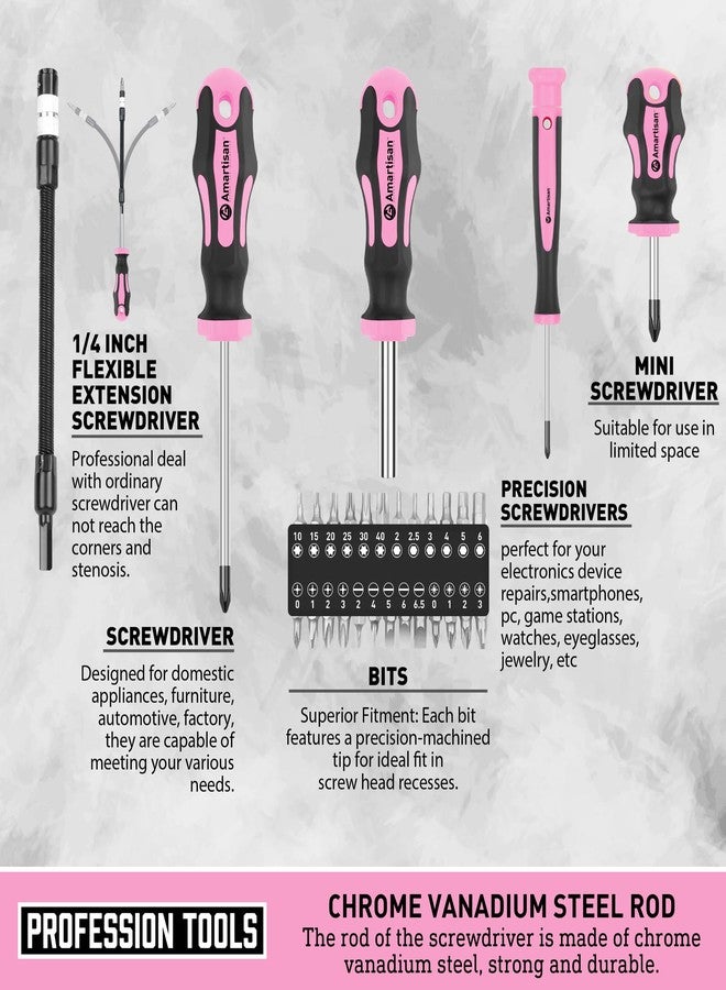 Amartisan Magnetic Screwdrivers Set with Case, Amartisan 43-piece Includs Slotted, Phillips, Hex, Pozidriv,Torx and Precision Screwdriver Set, Magnetizer Demagnetizer Tools, Tools for Men (Pink)) - Image 3