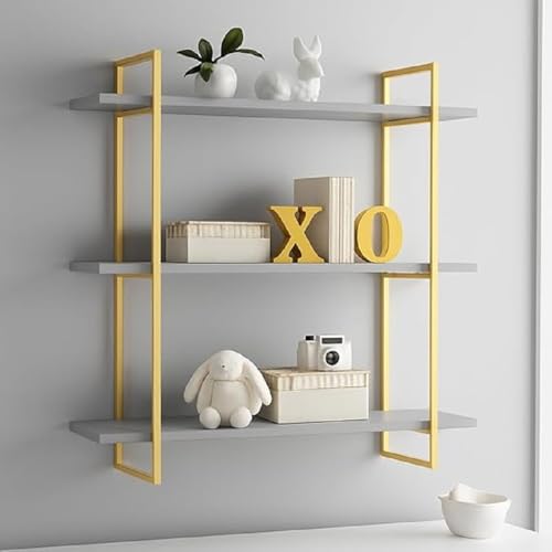 DDS Dream Decor Shoppee Three Tier Metal & Engineered Wood Kitchen Rack Floating Shelves for Wall Décor Storage, Wall Shelves, Wall Mounted for Bedroom, Living Room, Bathroom (Golden Grey) - Image 3