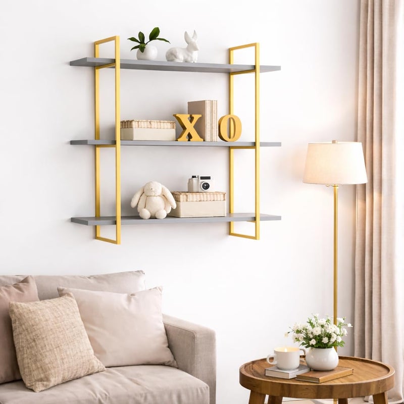 DDS Dream Decor Shoppee Three Tier Metal & Engineered Wood Kitchen Rack Floating Shelves for Wall Décor Storage, Wall Shelves, Wall Mounted for Bedroom, Living Room, Bathroom (Golden Grey) - Image 4