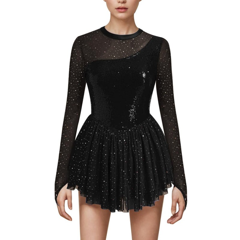 AFAVOM Sequin Figure Skating Dress for Women Girls Long Sleeve Mesh Rhinestone Ice Skating Dress Glitter Asymmetrical Chiffon Skirt Shiny Ballet Lyrical Costume for Competition Performance Black S - Image 2
