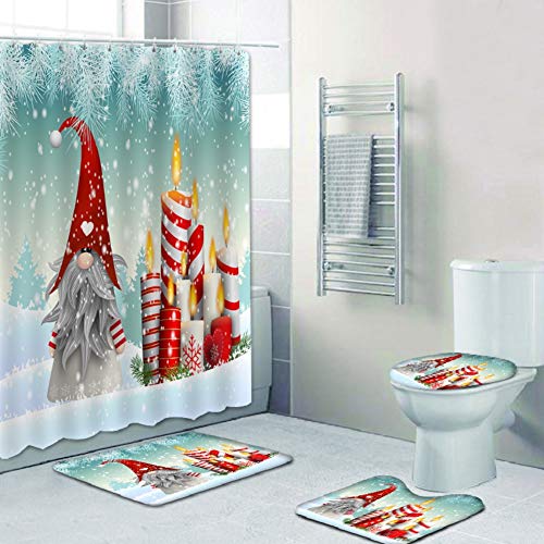 Novobey 4 Pcs Merry Christmas Shower Curtain Sets with Non-Slip Bathroom Rugs, Lid Toilet Cover, Bath Mat, Shower Curtain Christmas Bathroom Decor (Gnome Snowman, Curtain Size: 70.8 * 70.8in/180) - Image 1
