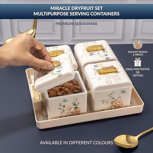 Nayasa Miracle Dry Fruit,4 Pcs Container Serving Tray Set,600 ML Each,Multipurpose Plastic Serving Set,Premium Design,BPA Free,Food Grade,Air-Tight Lid,Snack Organizer Tray,Ivory,Multicolor - Image 2