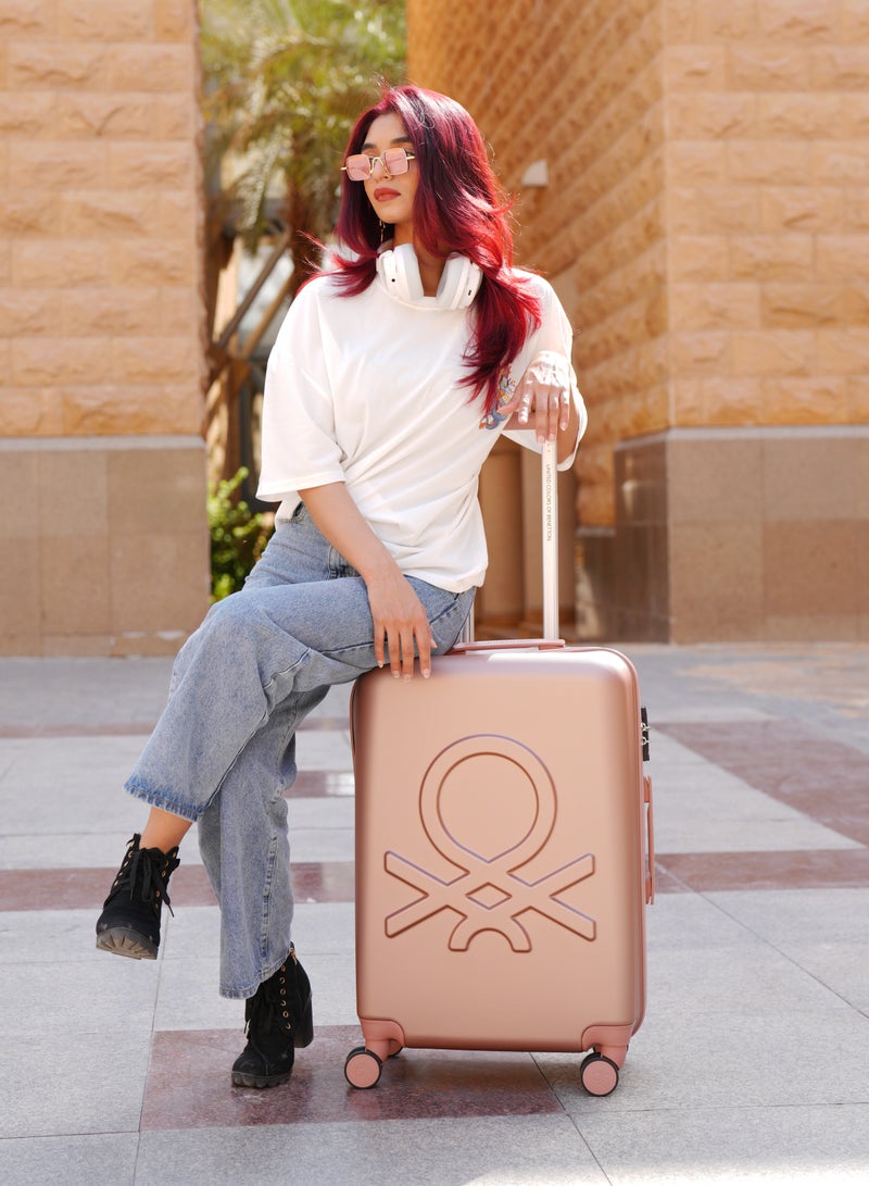 UNITED COLORS OF BENETTON BNTA-202 24Inch-Checked Luggage with TSA Lock| Material- Acrylonitrile Butadiene Styrene| Adjustable Trolley Handle | Smooth Dual Wheels 360degree rotate| Rose Gold - Image 3