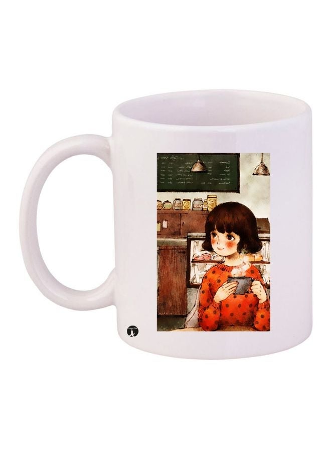 RYN Cartoon Girl Printed Coffee Mug White/Orange/Brown