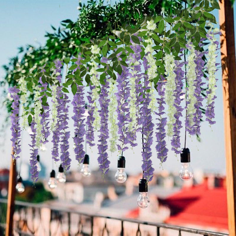 BIRDDIE 24 Pcs of Artificial Wisteria Hanging Flowers, 3.75 Feet Fake Wisteria Flower Strings for Backdrop, Wedding, Ceremony,Garden and Home Wall Decoration (Dark Purple) - Image 5