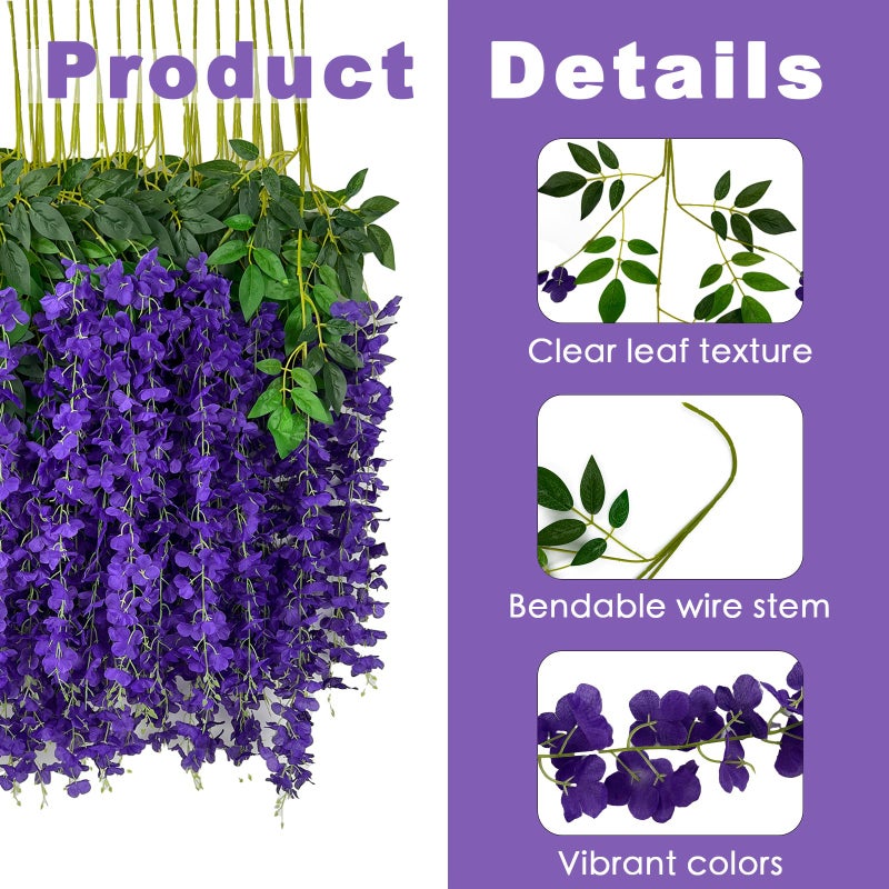 BIRDDIE 24 Pcs of Artificial Wisteria Hanging Flowers, 3.75 Feet Fake Wisteria Flower Strings for Backdrop, Wedding, Ceremony,Garden and Home Wall Decoration (Dark Purple) - Image 2