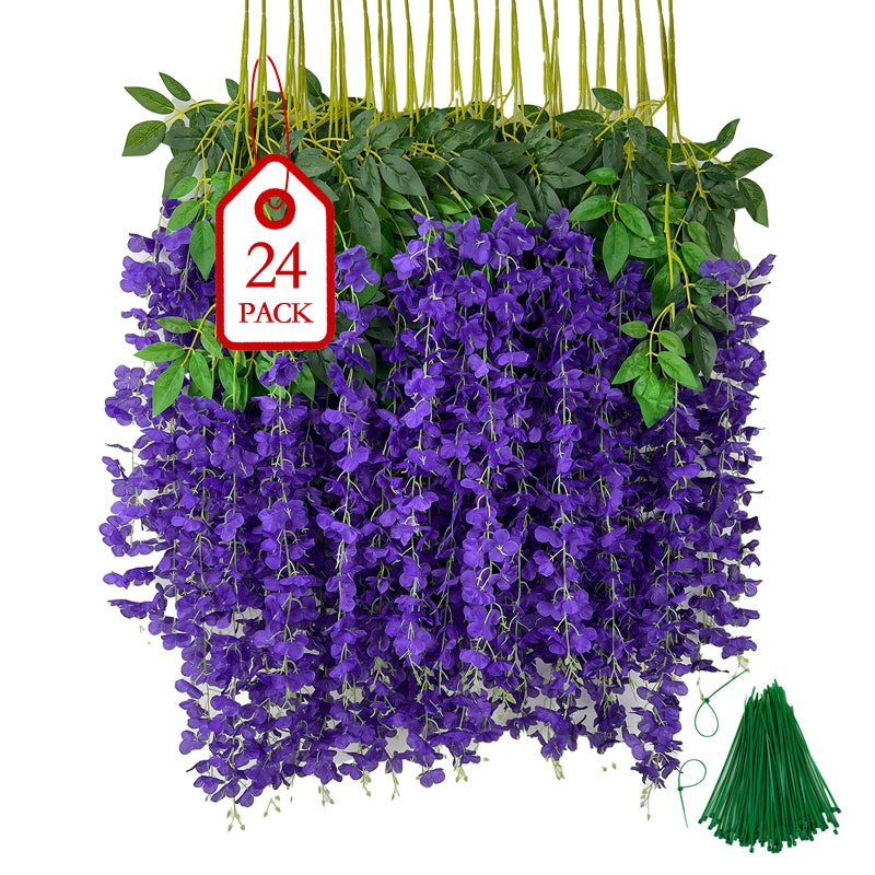 BIRDDIE 24 Pcs of Artificial Wisteria Hanging Flowers, 3.75 Feet Fake Wisteria Flower Strings for Backdrop, Wedding, Ceremony,Garden and Home Wall Decoration (Dark Purple) - Image 1