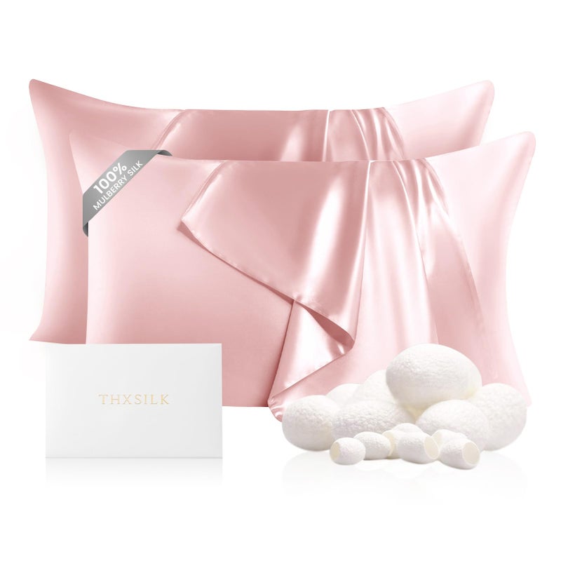THXSILK Set of 2 Mulberry Silk Zipper Pillow Cases - Highest Grade 6A+ 100% Pure Mulberry Real Silk Pillowcases, 22 Momme Both Sides for Hair and Skin - 2pcs (Light Pink, Queen Size 20"x30") - Image 1