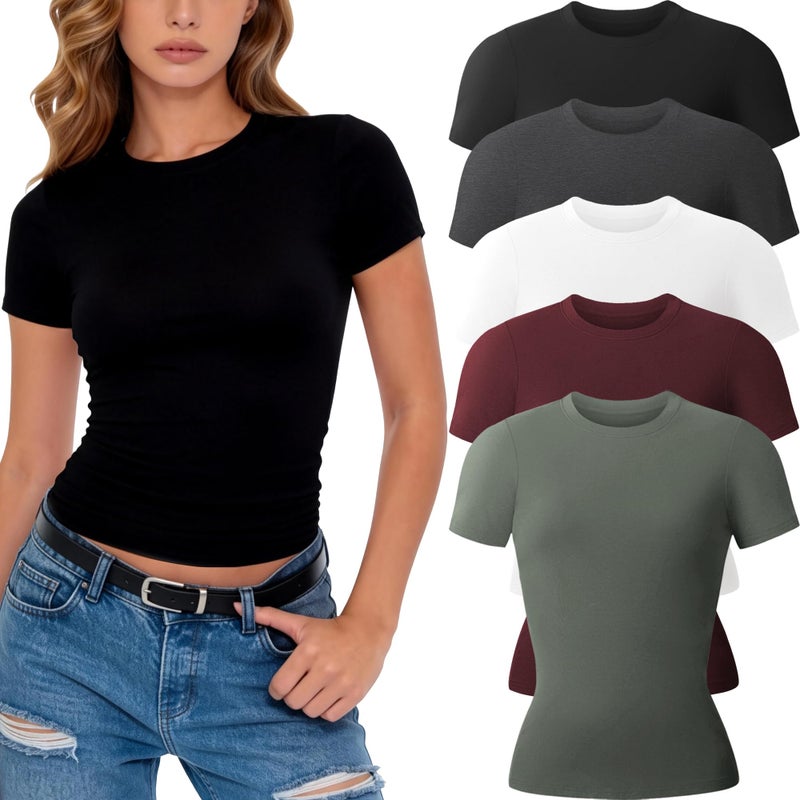 CE' CERDR 3/5 Pack Womens T Shirts Crew Neck Short Sleeve Shirts for Women Casual Basic Tees Fitted Stretchy Layering Tops - Image 1